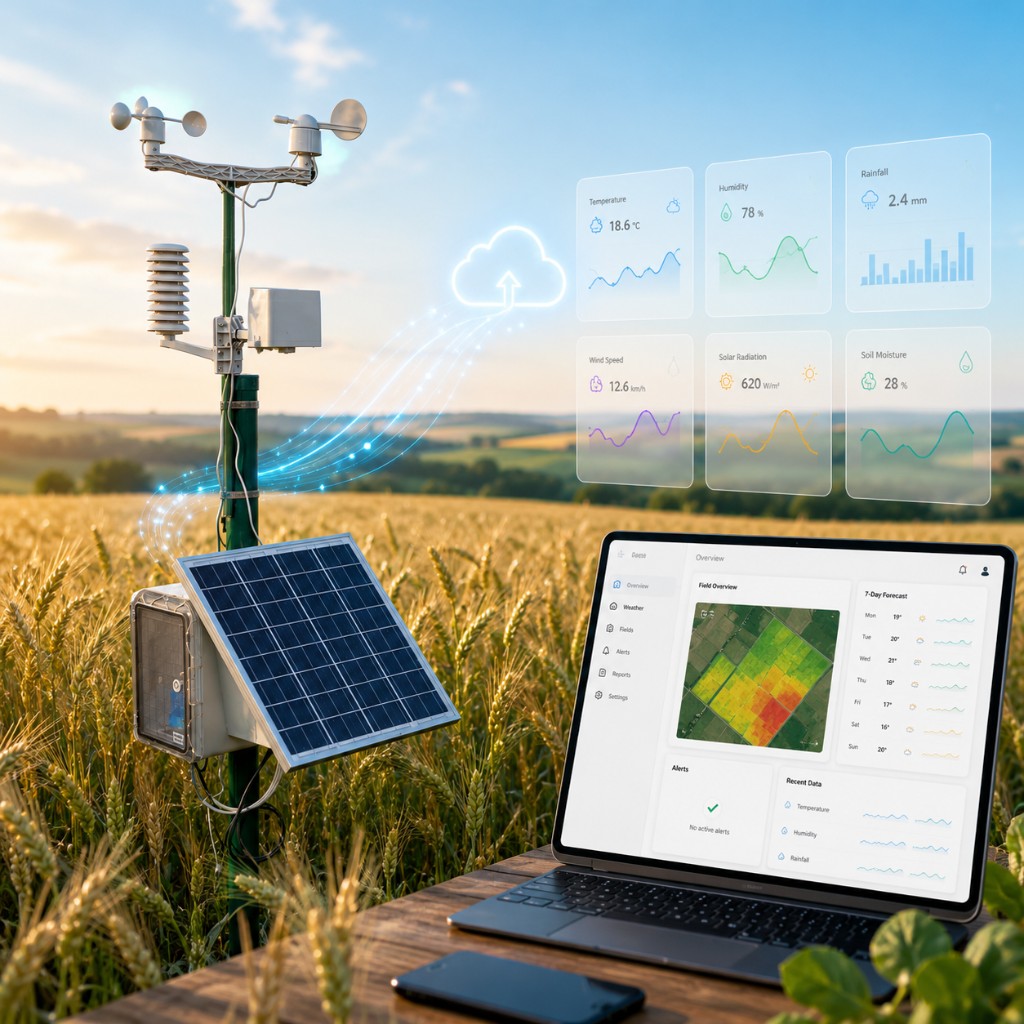 AgriTwin cloud platform connecting field collectors to weather insights and farm dashboards